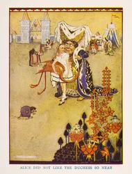 Alice did not like the Duchess so near, The nursery Alice in Wonderland retold for the nursery by Irene Pearl; the pictures by Gwynedd Hudson