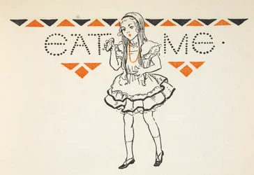 Illustration of Alice with a little cake with the words 