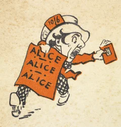Illustration of the Mad Hatter running along carrying a book and a sign saying 