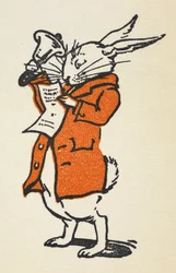 Illustration of the White Rabbit in a red jacket ringing a large bell and reading