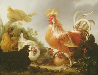 Cockerel and hens in a landscape, 1649