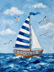 Striped Sailboat Blue Ocean