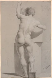 Standing Model. Seen from the Back. Staff in Left Hand