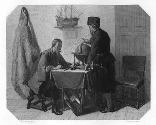 Willem Barents and Jacob van Heemskerk charting their route