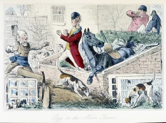 Fight between a farmer and a hunter. English caricature on the fox hunt from the adventures of Thomas Scott or Hawbuck Grange, illustration by H.K. Browne and W.T. Maud