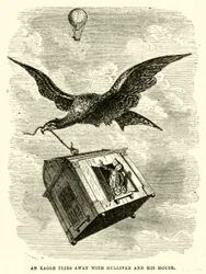 An eagle flies away with Gulliver and his house