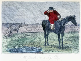 Horse hunting scene on a rainy day. English caricature on fox hunting from the 