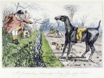 Horseback Hunting Scene. English cartoon on fox hunting from the “adventures of Thomas Scott or Hawbuck Grange”, illustration by H.K. Browne and W.T. Maud.