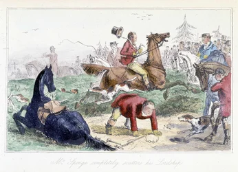 Hunter falls from his horse. English cartoon from the adventures of Thomas Scott or Hawbuck Grange, illustration by H.K. Browne and W.T. Maud