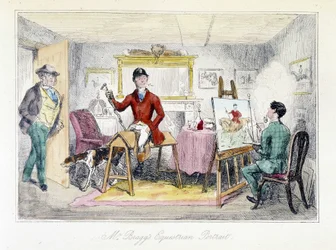 Painter realizing the equestrian portrait of Mr Bragg in “The Adventures of Thomas Scott”, illustration by H.K. Browne and W.T. Maud. English cartoon about fox hunting.