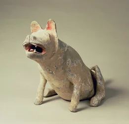 Early Chinese pottery seated dog, tomb artefact, Han Dynasty, 206 BC-220 AD