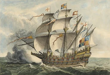 The Great Harry The first ship of War that carried Guns, built at Woolwich in the Reign of Henry VIII