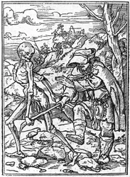 The simulacra of the death of Hans Holbein the Younger: the blind. Death grabs the stick of the blind and acts as a guide. Engraving.