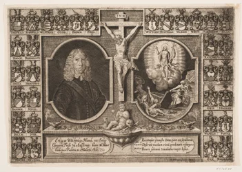 Gregers Friis at Ålstrup with Christ on the Cross and the Resurrection of Christ, Surrounded by Ancestral Shields