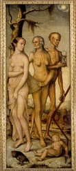 The ages of life. A young woman, an old man and a skeleton holding an hourglass. Painting by Hans Baldung (1540) Madrid, Prado Museum