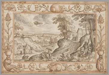 Landscape with the Sacrifice of Isaac within a Decorative Border of Plants and Animals