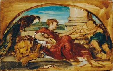 Allegorical figure with lion and peacock