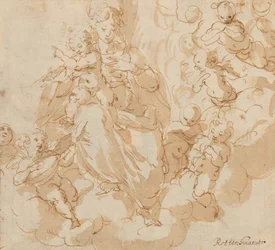 The Virgin and Child seated on clouds, surrounded by putti