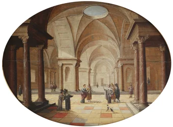 A classical palace interior with Moses transforming Pharaoh