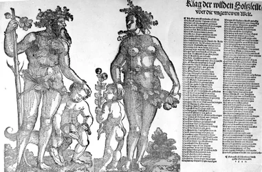 Broadside on the Withdrawal of the Wild Men of the Woods from a World that has Changed for the Worse, woodcut made by Hans Guldenmundt