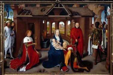 Triptych of Adoration of the Magi: central panel. The mages are like Charles the Temeraire and Philip the Good. Painting by Hans Memling (1433-1494)