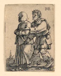 The Wedding Procession: Couple Walking Left, Woman Wearing a Bonnet