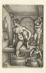 Woman with Two Children in Bathroom