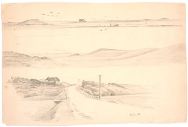 Study Sheet with Three Landscapes from Jutland. Top: Landscape with Plowed Field; Middle: Landscape with High Hills; Bottom: Landscape with House and Road