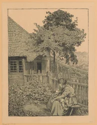 Woman with a Child Sitting in a Garden in Front of a House in the Black Forest