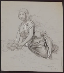 Study of a Female Figure Floating above the Ground; verso, repetition of the composition in outline
