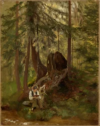 Forest interior with a reading boy
