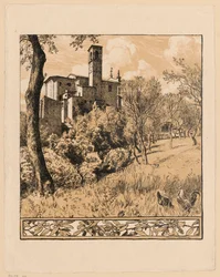 View of the Church of Saint Nicholas the Wonderworker on the Hill in Gardone Riviera on Lake Garda, Lombardy, with a Border of Olive Branch Motifs at the Bottom