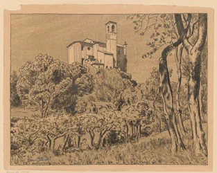 View of the Church of Saint Nicholas the Wonderworker on the Hill in Gardone Riviera on Lake Garda, Lombardy