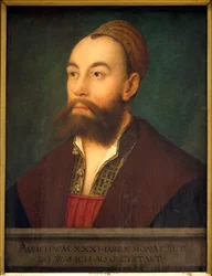 Portrait of the Banker Anton Fugger (1493-1560) (in the text: Represented as He Was at the Age of 31 Years and 10 Months) - Painting by Hans Maler (1480-1526 or 1529), Oil on Canvas, circa 1525 - German Art 16th Century - Musee des Beaux Arts