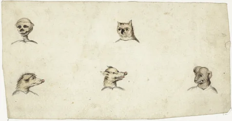 Heads of Four Animals and a Skeleton
