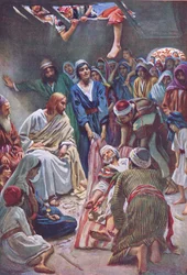 The man let down through the roof, illustration from Harold Copping Pictures: The Crown Series