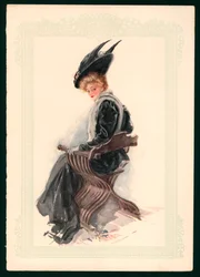 Seated Girl Wearing a Black Dress and Hat