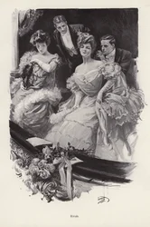 Two women in a box at the theatre in competition with each other for male attention