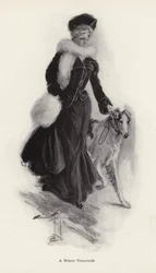 Woman walking her rough collie dog in the winter