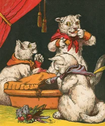 Naughty kittens eating pie in their mittens