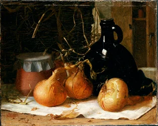 Onions, a Jug and a Ceramic Pot on a Tablecloth