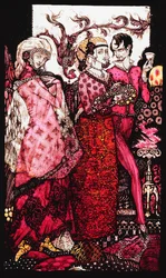 Bert the Bigfoot, Sung by Villon. Queens, nine glass panels acided, stained and painted, Illustrating J.M. Synge