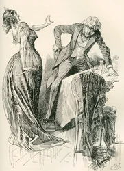 Edith and Mr. Carker. “He was coming gaily towards her, when, in an instant, she caught the knife up from the table, and started one pace back. ‘Stand still,’ she said, ‘or I shall murder you!’” Illustration by Harry Furniss for the Charles Dickens novel