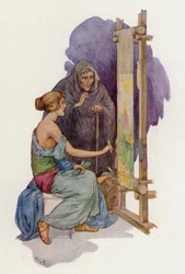 Arachne about to be turned into a spider by a disguised Minerva