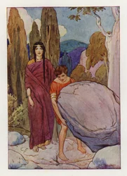 Theseus raising the big rock, under which lay the sword and sandals