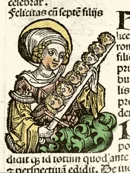 Representation of Saint Felicite, martyrdom in Rome with the heads of his seven children. Xylography of Hartmann Schedel 