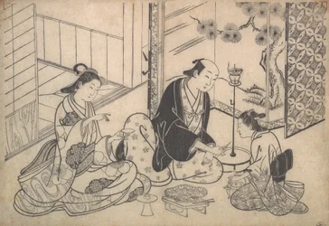 Interior, Three Figures: Sake Party, ca. 1730