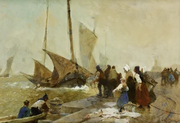 A Busy Quayside in Brittany with Fishing Boats Returning
