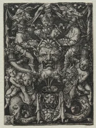 Ornament Design with a Mask, A Couple of Tritons, and Two Children Below