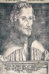 Portrait of Philip Melanchthon or Philipp Schwarzerd, German humanist and theologian, engraving by Heinrich Aldegrever